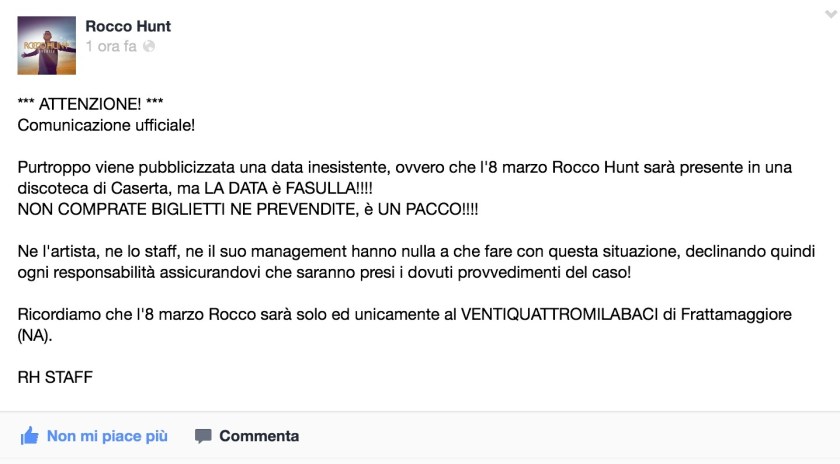 Smentita la presenza di Rocco Hunt a Caserta l'8 Marzo.
