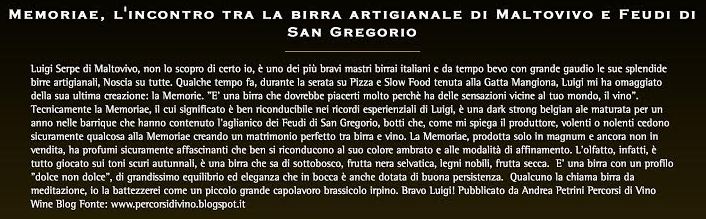 "Memoriae" (una dark strong belgian ale maturata per un anno nelle barrique che hanno contenuto aglianico dei Feudi di San gregorio